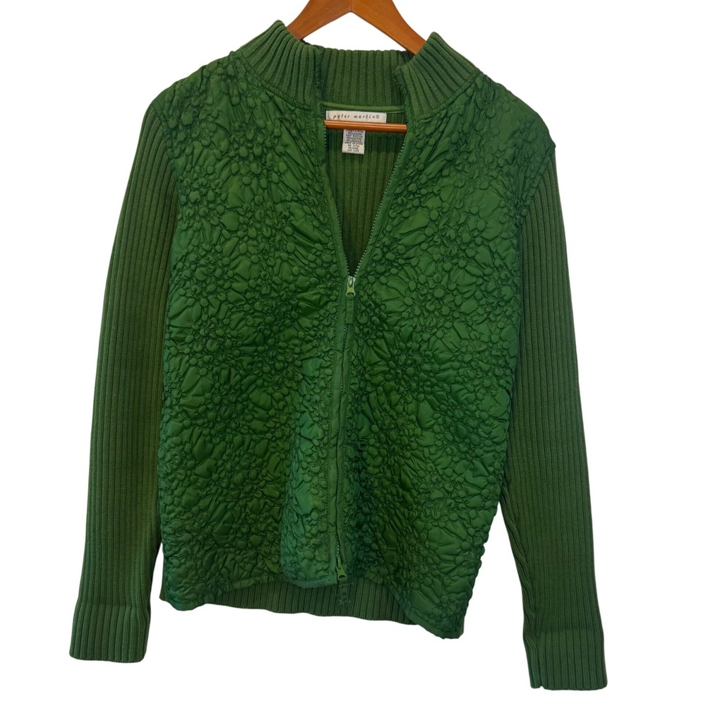 Peter Martin Green Textured‎ Quilted Knit Zip Front Cardigan Jacket Women L